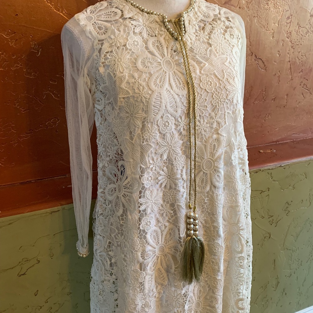 White Lace Crochet Net Long Maxi With Pearl Detailing